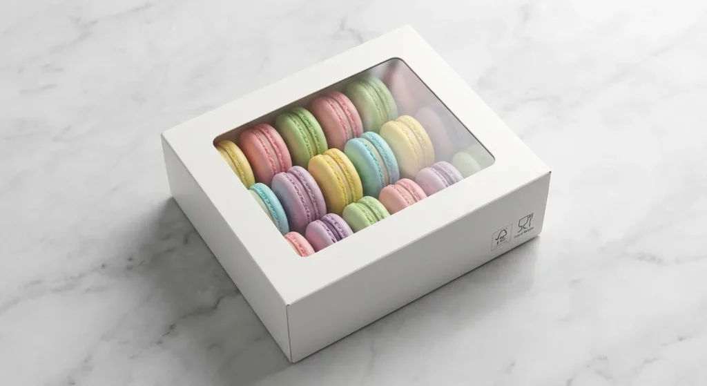 Boîte pâtisserie sur mesure avec fenêtre transparente pour macarons et viennoiseries