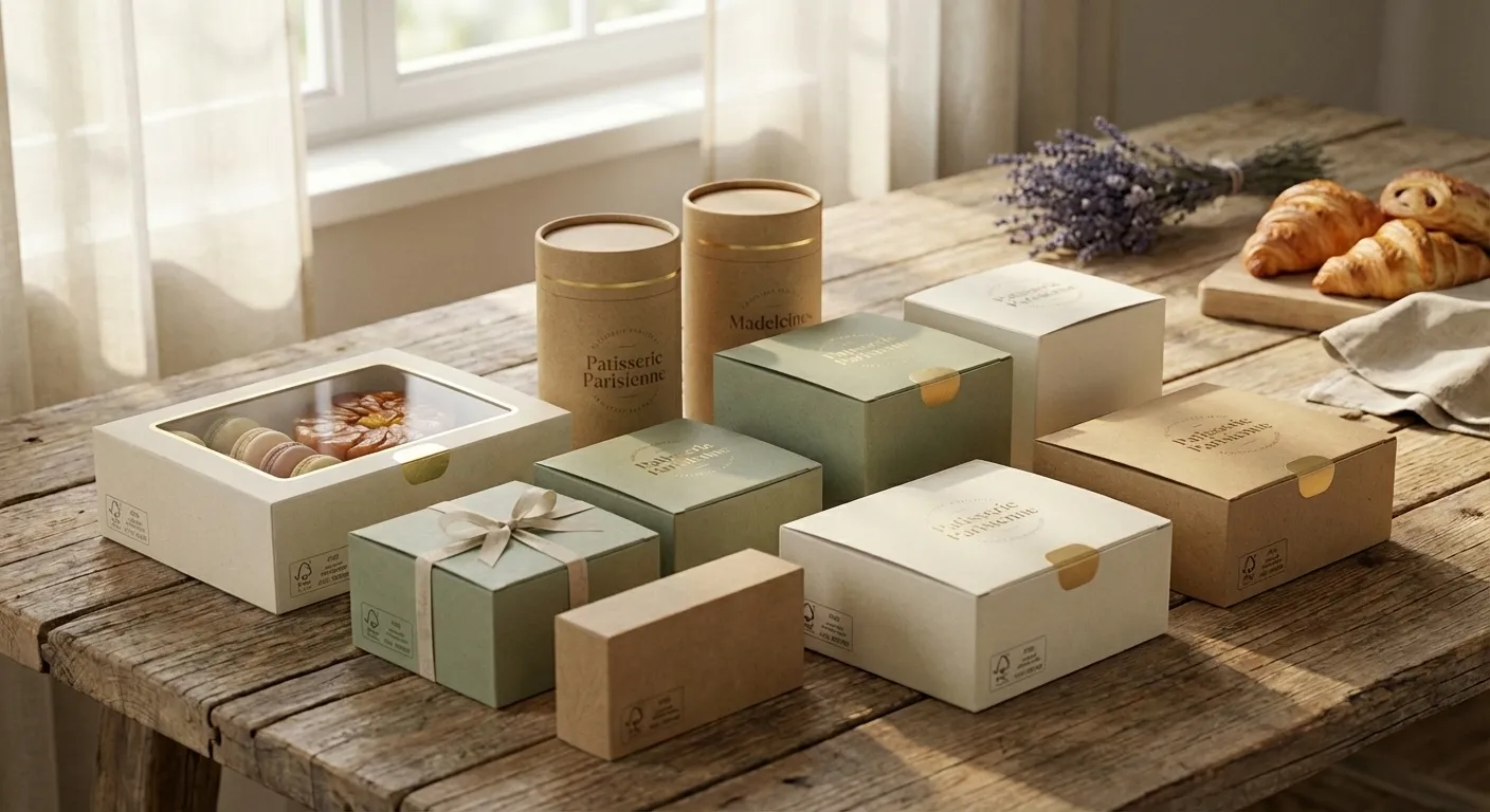Packaging alimentaire sur mesure en carton certifié contact alimentaire pour pâtisserie et produits gastronomiques