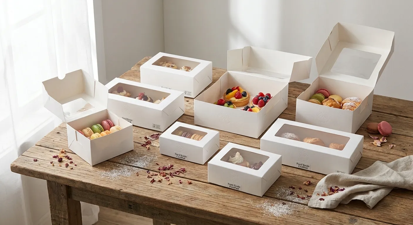 Gamme complète de boîtes pâtisserie et traiteur sur mesure en carton alimentaire avec barrière anti-graisse
