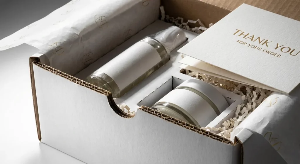 Boîte d'expédition personnalisée ouverte révélant packaging intérieur soigné et produit protégé