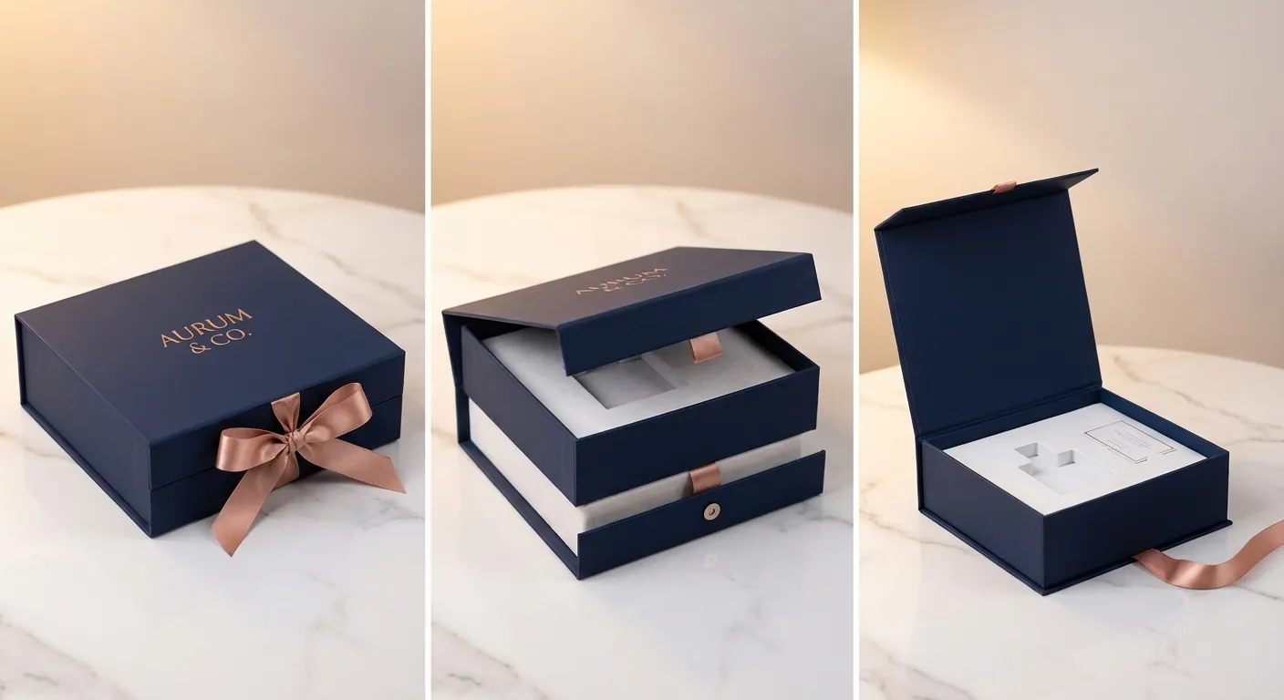 Boîte d'expédition à oreilles premium avec finitions luxe pour marques haut de gamme