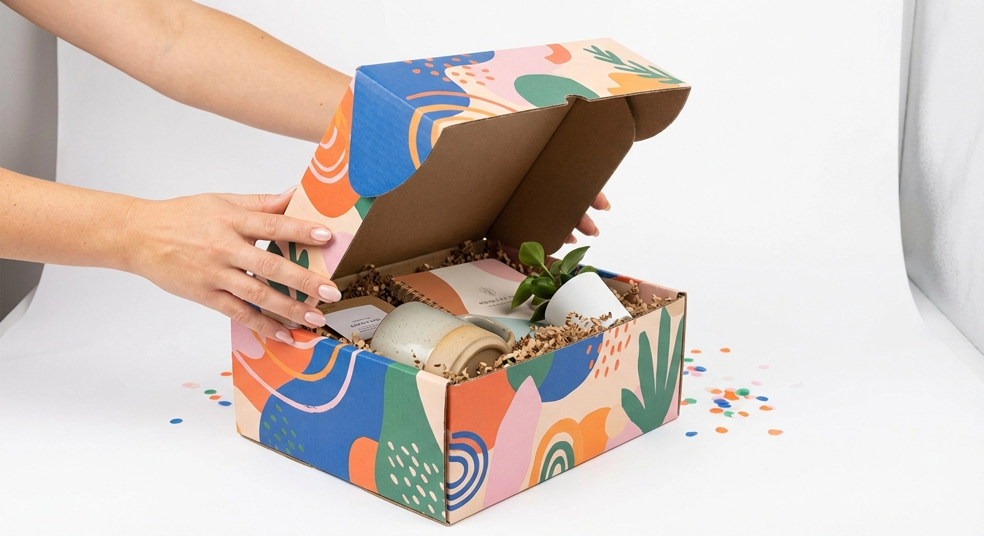 Box mensuelle e-commerce avec intérieur imprimé surprenant boîte carton sur mesure