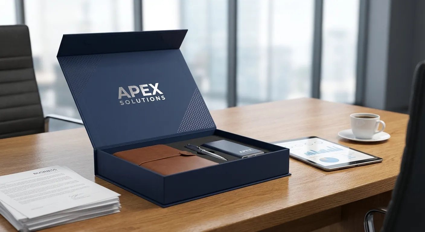 Boîte pour cadeaux d'entreprise avec logo et couleurs de marque