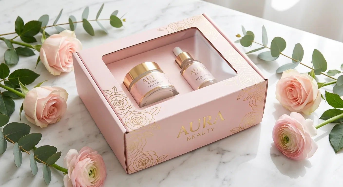 Boîte d'expédition cosmétique avec fenêtre et finitions dorées pour marque beauté premium