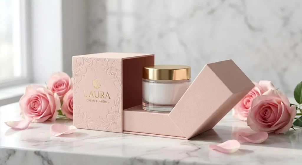 Étui personnalisé haut de gamme pour produit cosmétique avec finitions dorées