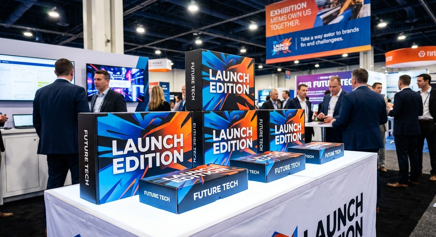 Packagings événementiels avec graphismes colorés impactants boîte carton sur mesure