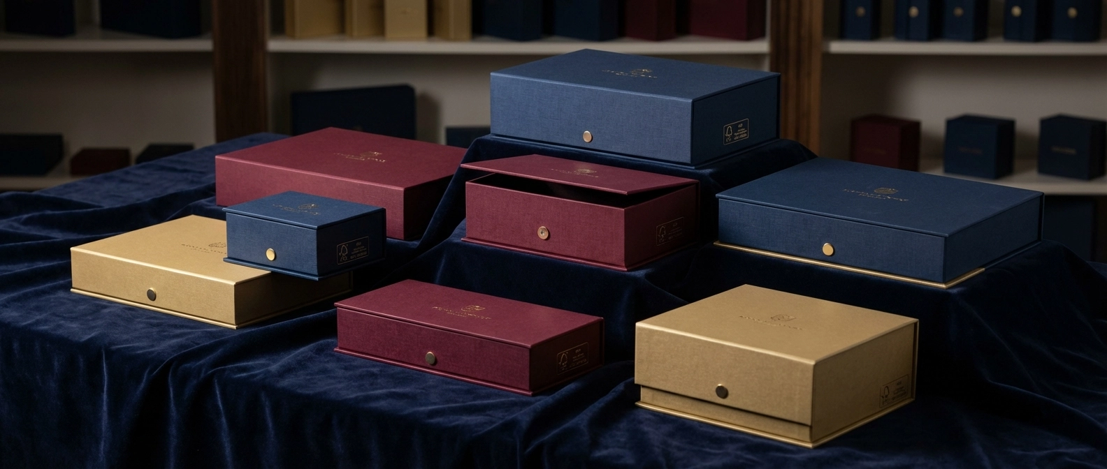 Collection coffrets luxe carton rigide petite série avec fermetures magnétiques finitions premium