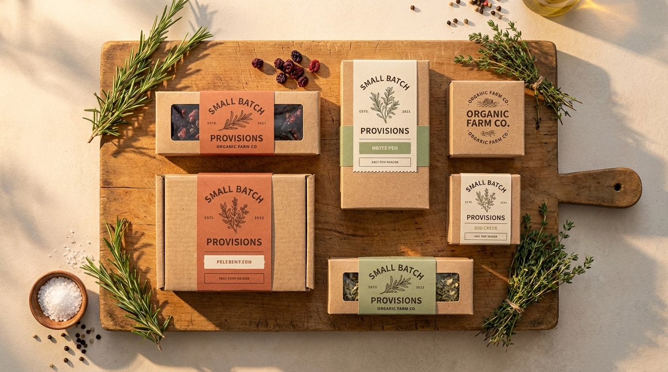 Emballage alimentaire carton kraft FSC petite série pour producteurs artisanaux locaux