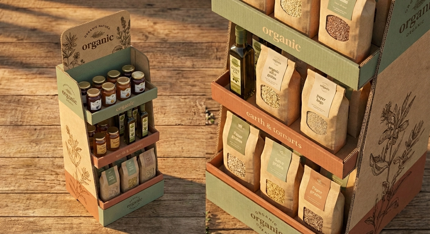 PLV de sol sur mesure alimentaire carton kraft produits bio