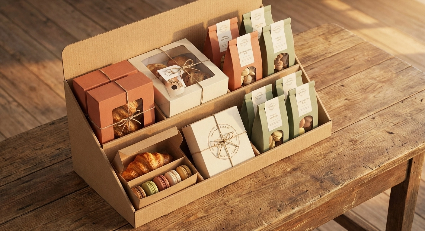 Présentoir de comptoir personnalisé boulangerie carton kraft pâtisseries