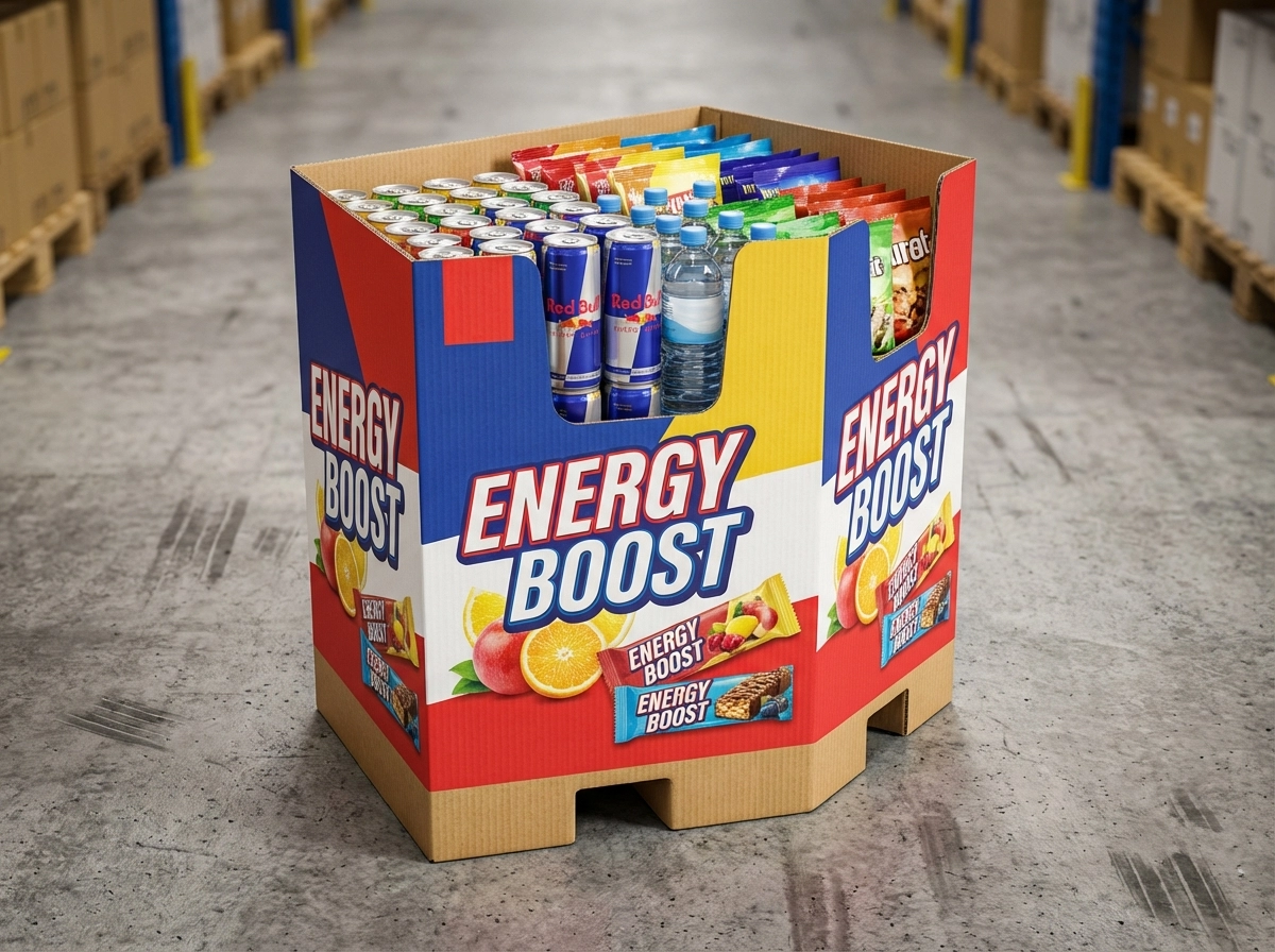 Box palette PLV de sol sur mesure format logistique 1/4 palette grande distribution