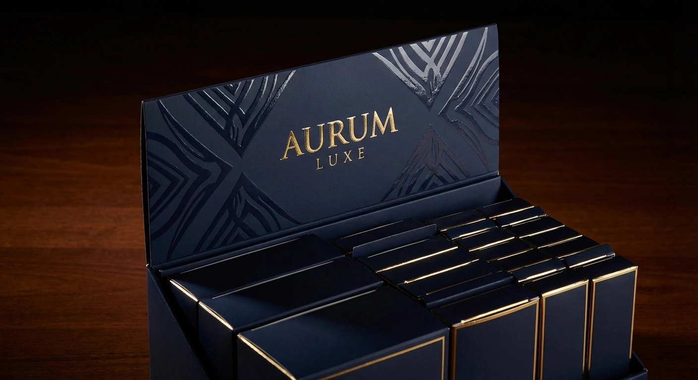 Présentoir comptoir luxe carton marine avec dorure à chaud pour accessoires premium