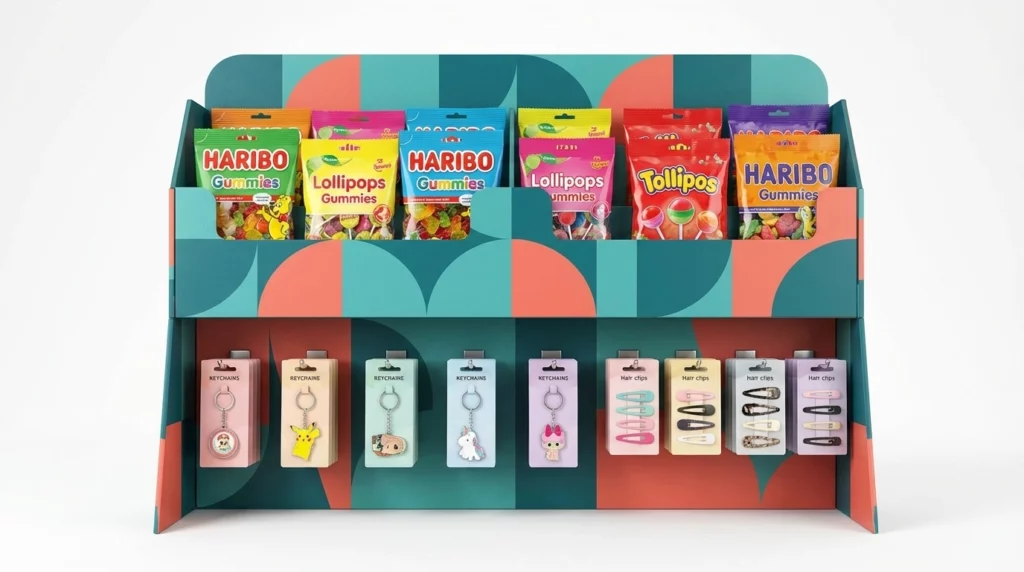 PLV de comptoir personnalisée distributeur multi-produits design graphique