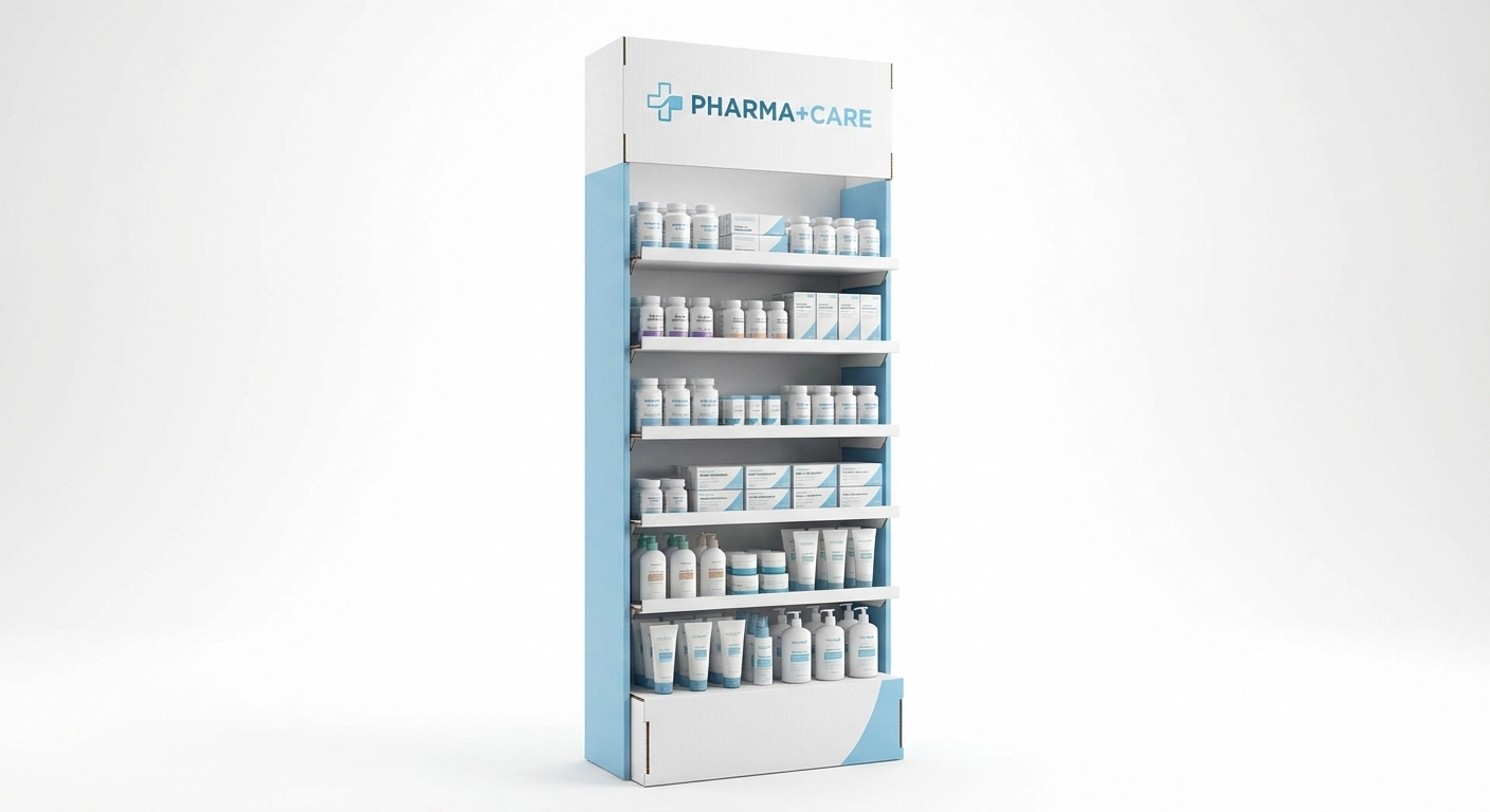 PLV de sol sur mesure pharmacie parapharmacie présentoir modulable