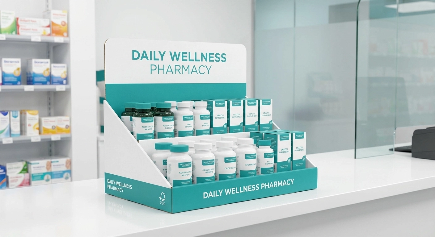 PLV de comptoir personnalisée pharmacie présentoir compléments alimentaires