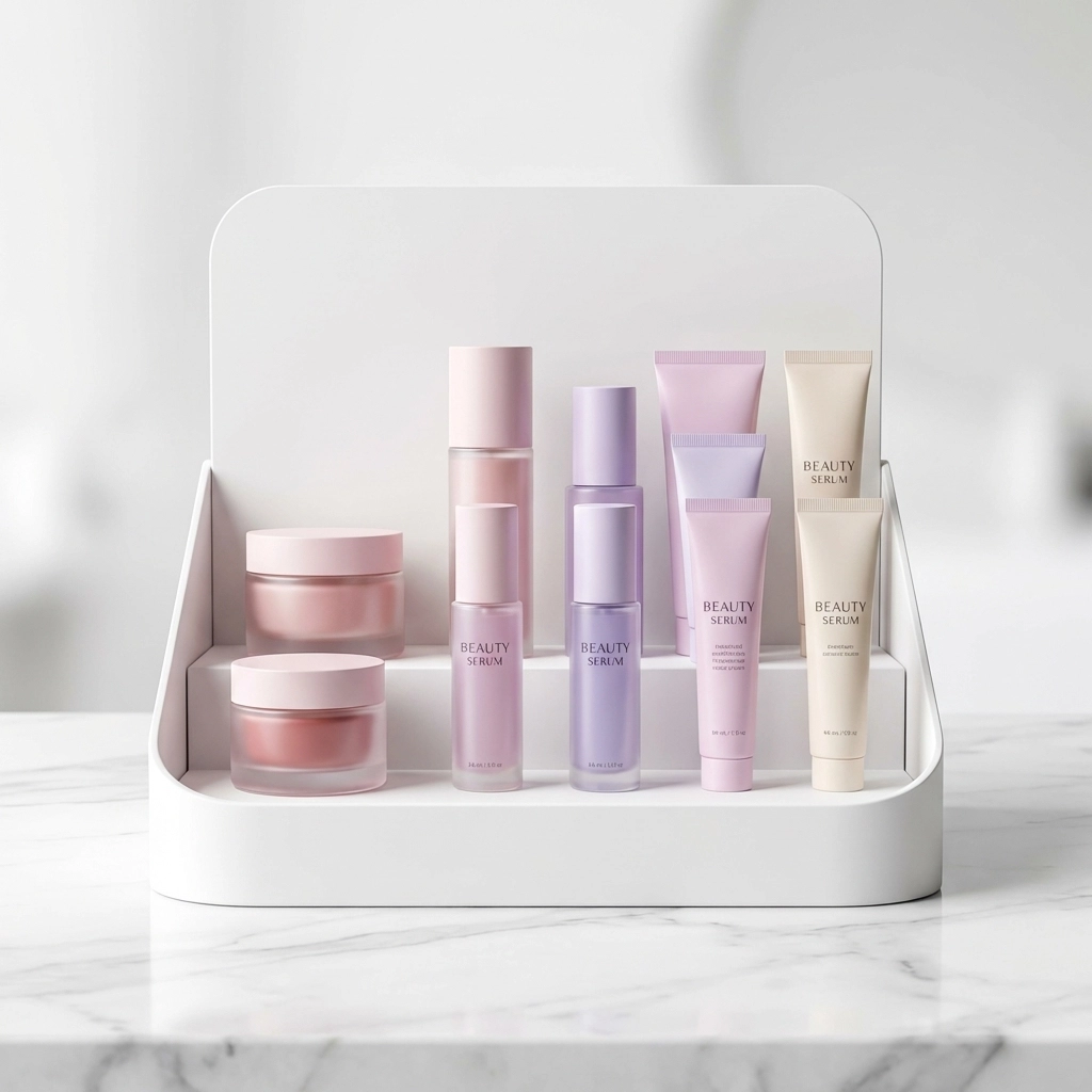 PLV de comptoir personnalisée cosmétique pastel soft-touch soins beauté