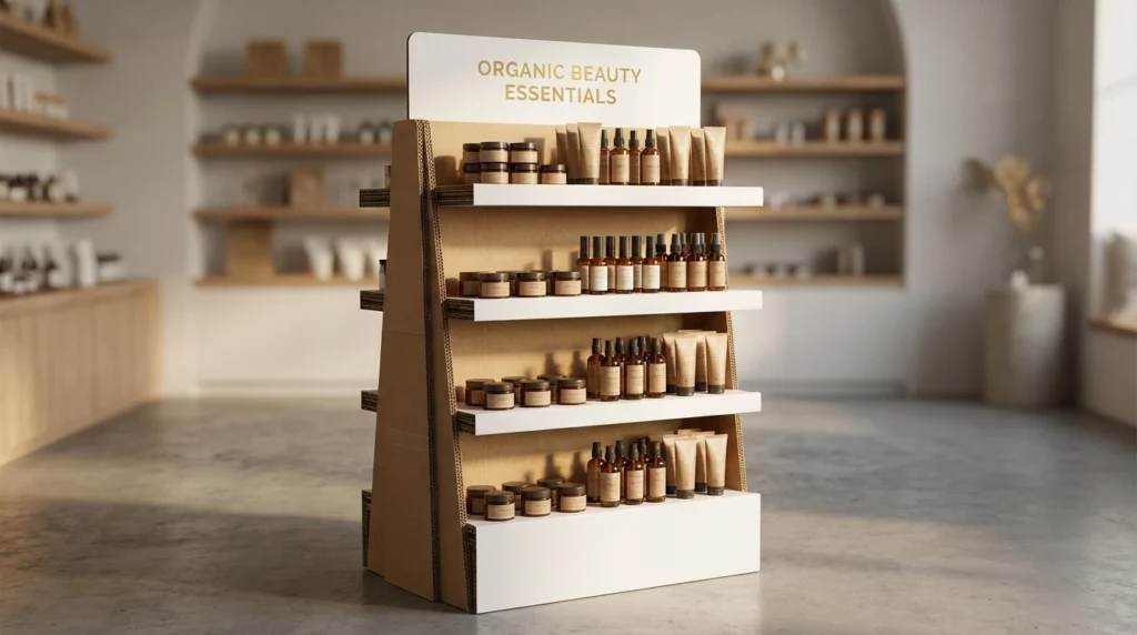 PLV de sol sur mesure à étagères pour produits cosmétiques